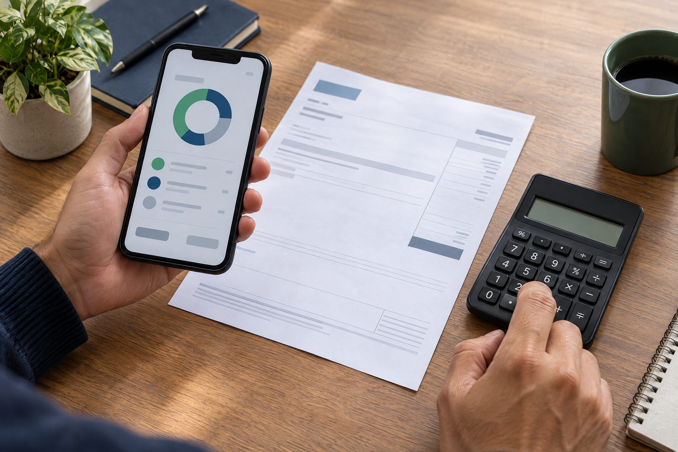 Smartphone ao lado de documento financeiro genérico e calculadora